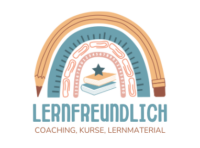 Logo: bunter Regenbogen, bestehend aus Bleistift, Lineal, Büroklammern, Zahlenreihe, Bücher und Stern. Text darunter: Lernfreundlich, Coaching, Kurse, Lernmaterial